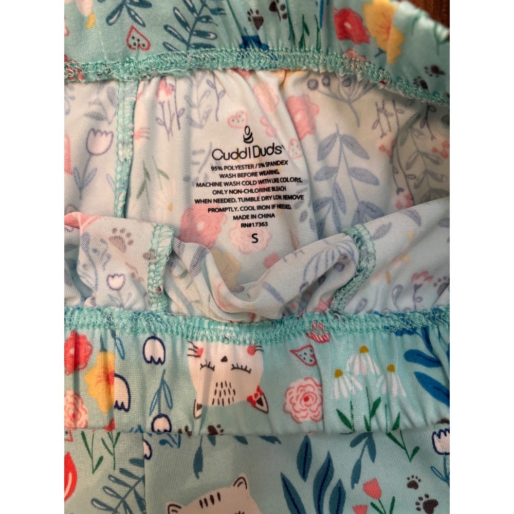 Cuddl Duds Pajama Shorts Womens Small Light Blue Cat Floral Print Pockets Sleep - Picture 2 of 5